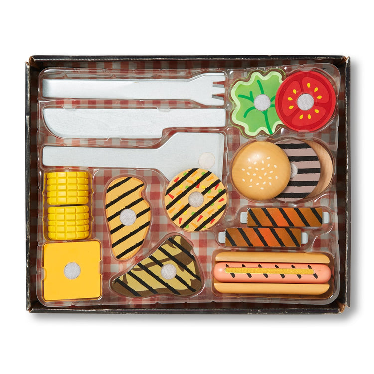 An assembled or decorated the Melissa & Doug Grill and Serve BBQ Set (20 pcs) - Wooden Play Food and Accessories