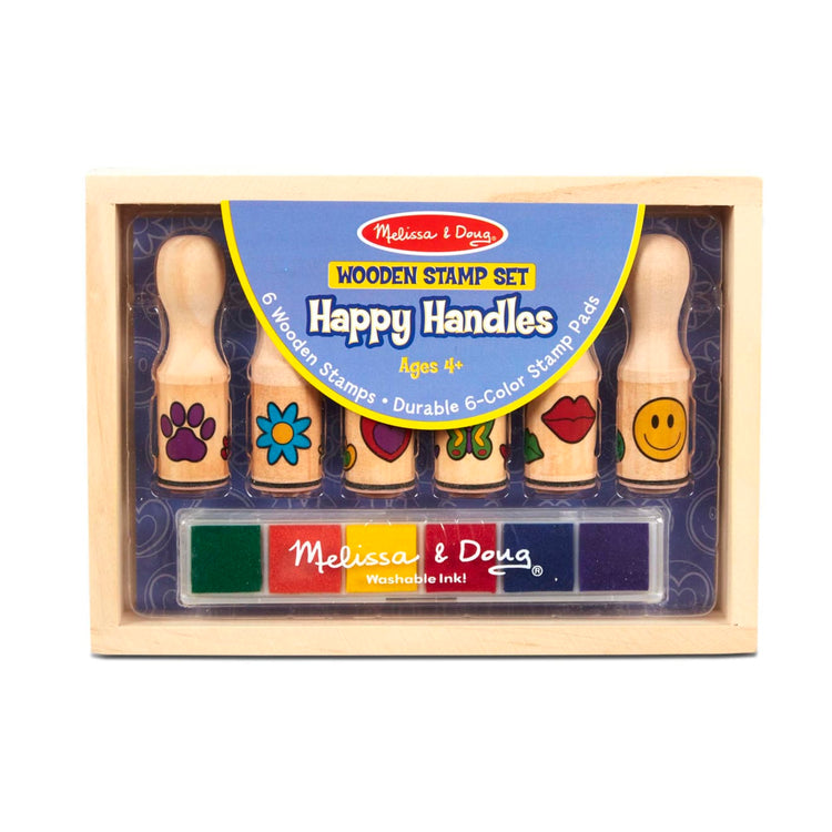 The front of the box for the Melissa & Doug Happy Handles Wooden Stamp Set: 6 Stamps and 6-Color Stamp Pad
