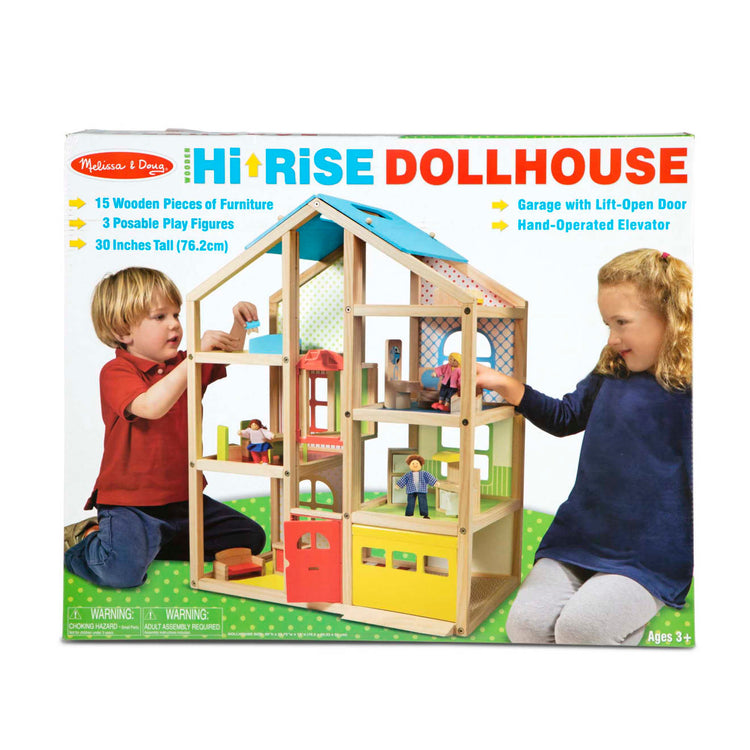 the Melissa & Doug Wooden Hi-Rise Dollhouse With 15 Furniture Pieces, Garage, Working Elevator