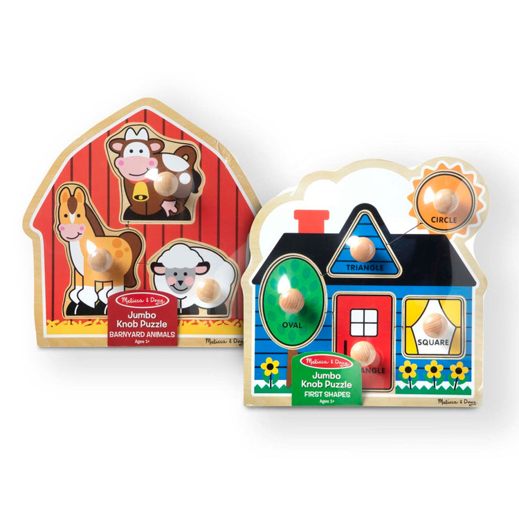 A kid playing with the Melissa & Doug Jumbo Knob Wooden Puzzles Set - Shapes and Barn