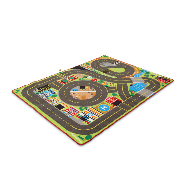 A child on white background with the Melissa & Doug Jumbo Roadway Activity Rug With 4 Wooden Traffic Signs (79 x 58 inches)