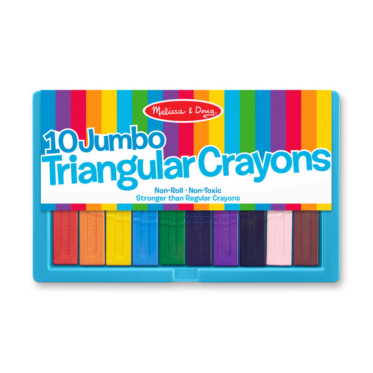 The front of the box for the Melissa & Doug Jumbo Triangular Crayons - 10-Pack, Non-Roll, Flip-Top Case