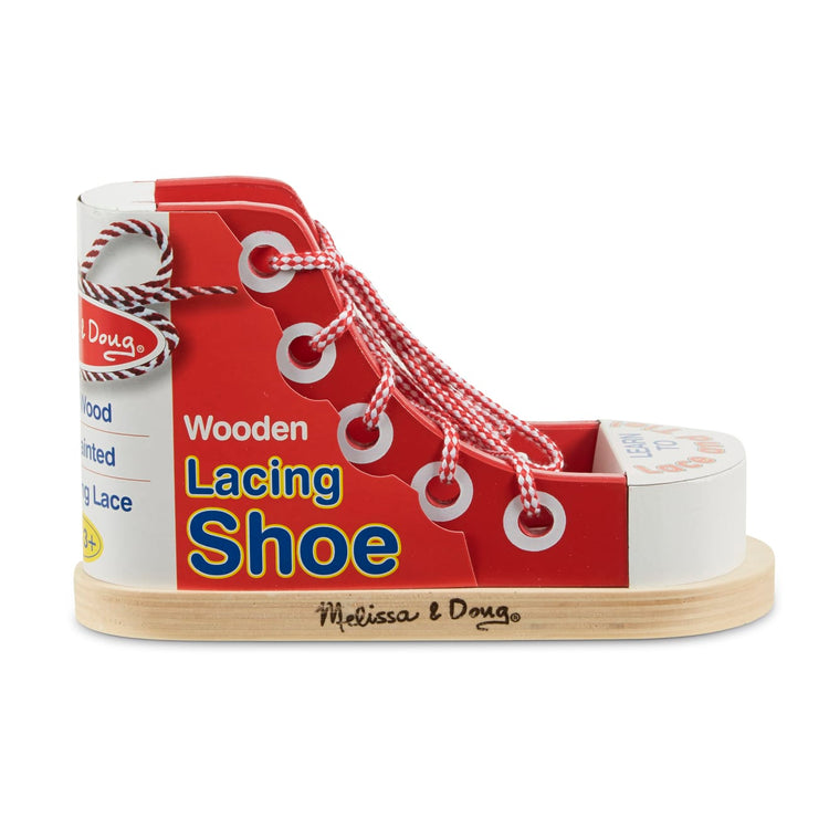 The front of the box for the Melissa & Doug Wooden Lacing Shoe- Learn to Tie a Shoe Educational Toy