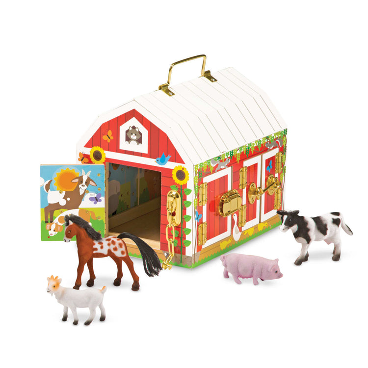 The loose pieces of the Melissa & Doug Latches Wooden Activity Barn with 6 Doors, 4 Play Figure Farm Animals