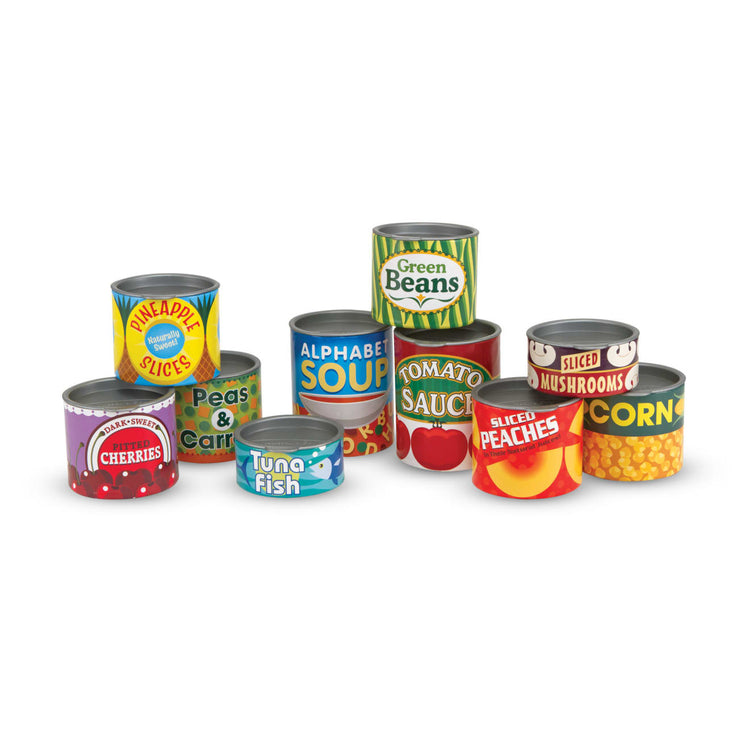 The loose pieces of the Melissa & Doug Let's Play House! Grocery Cans Play Food Kitchen Accessory - 10 Stackable Cans With Removable Lids