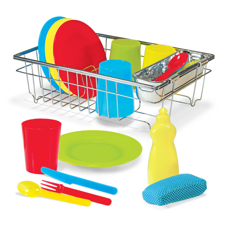 The loose pieces of the Melissa & Doug Wash and Dry Dish Set - 24 Pieces