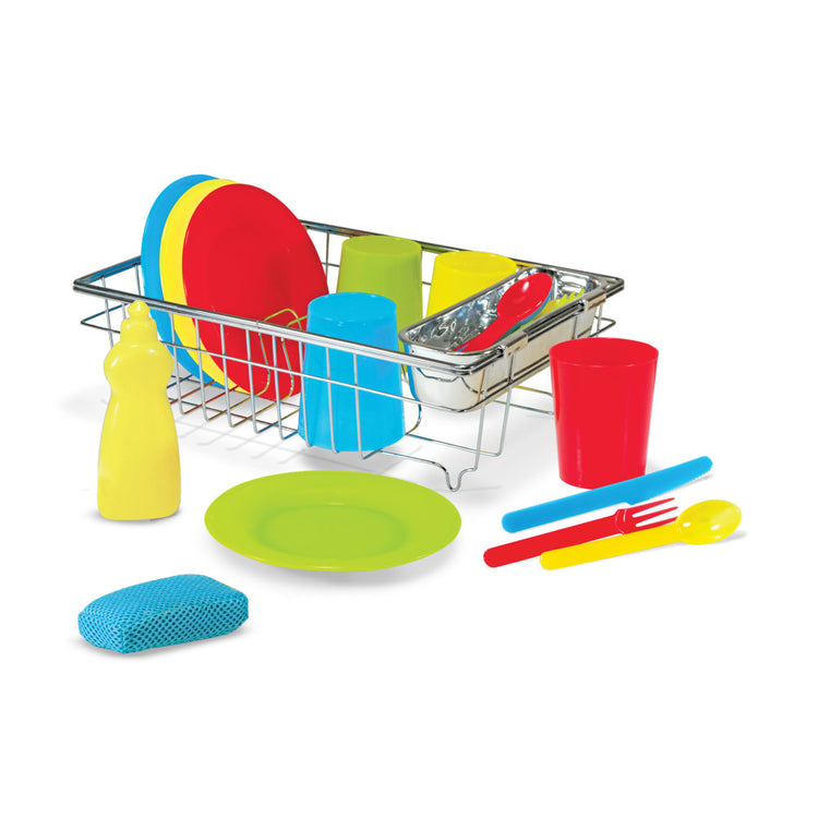 The loose pieces of the Melissa & Doug Wash and Dry Dish Set - 24 Pieces
