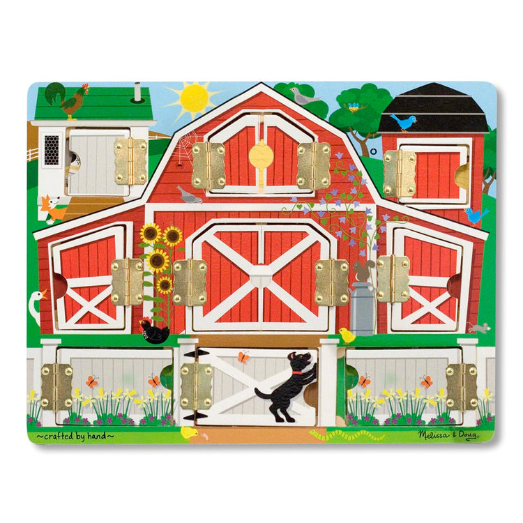 An assembled or decorated the Melissa & Doug Hide and Seek Farm Wooden Activity Board With Barnyard Animal Magnets