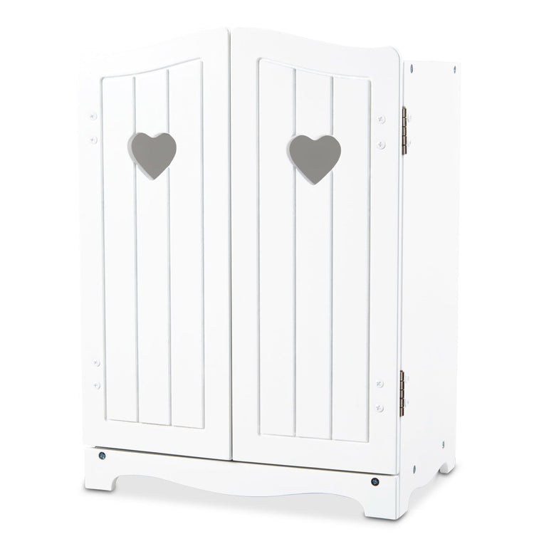 An assembled or decorated the Melissa & Doug Mine to Love Wooden Play Armoire Closet for Dolls, Stuffed Animals - White (17.3”H x 12.4”W x 8.5”D Assembled)