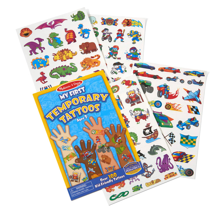 The front of the box for the Melissa & Doug My First Temporary Tattoos: Adventure, Creatures, Sports, and More - 100+ Kid-Friendly Tattoos