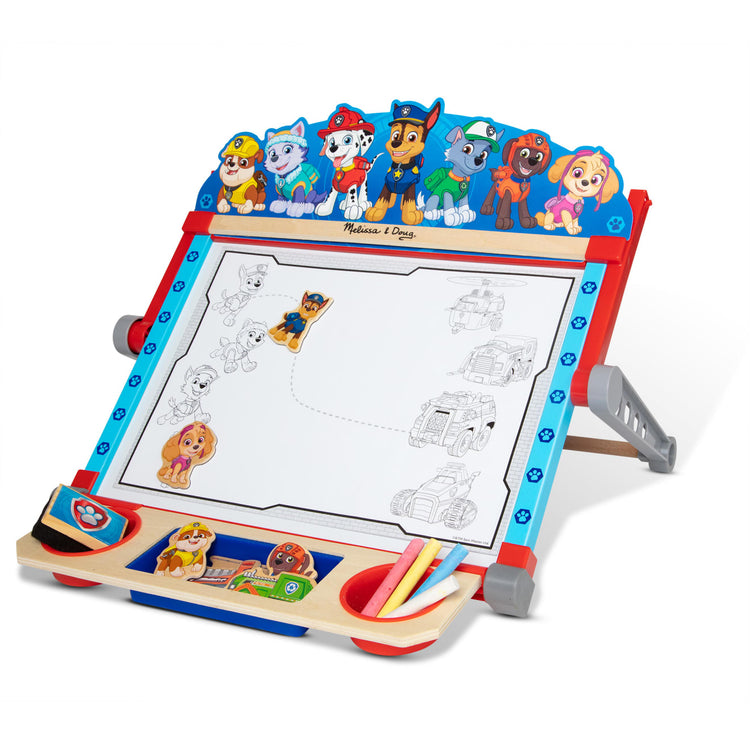 An assembled or decorated the Melissa & Doug PAW Patrol Wooden Double-Sided Tabletop Art Center Easel (33 Pieces)