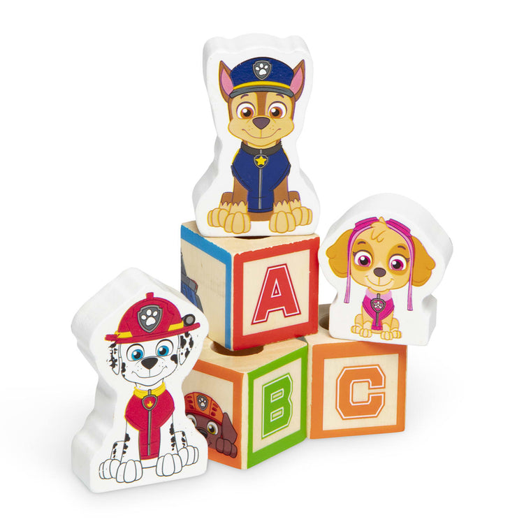 The loose pieces of the Melissa & Doug PAW Patrol Wooden ABC Block Truck (33 Pieces)