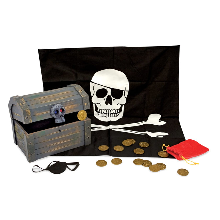 The loose pieces of the Melissa & Doug Wooden Pirate Chest Pretend Play Set