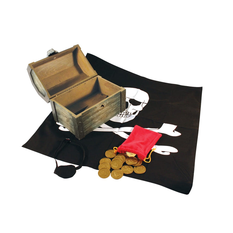 The loose pieces of the Melissa & Doug Wooden Pirate Chest Pretend Play Set