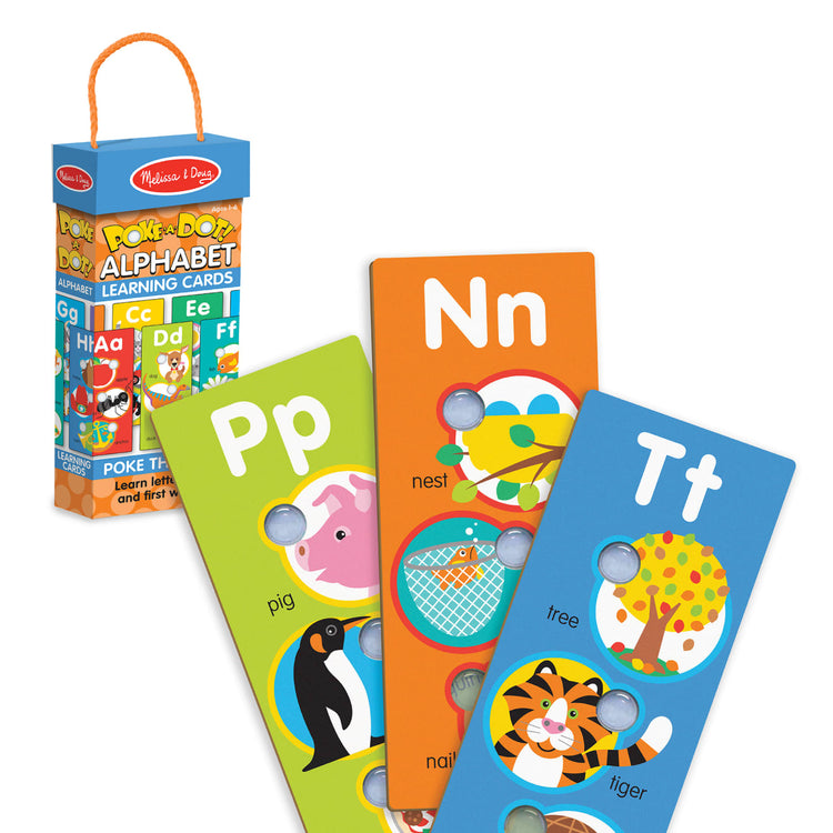 The loose pieces of the Melissa & Doug Poke-A-Dot Jumbo Alphabet Learning Cards - 13 Double-Sided Letter and First Words Cards with Buttons to Pop