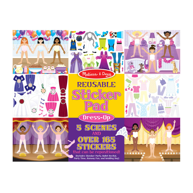 The front of the box for the Melissa & Doug Reusable Sticker Pad: Dress-Up - 165+ Reusable Stickers