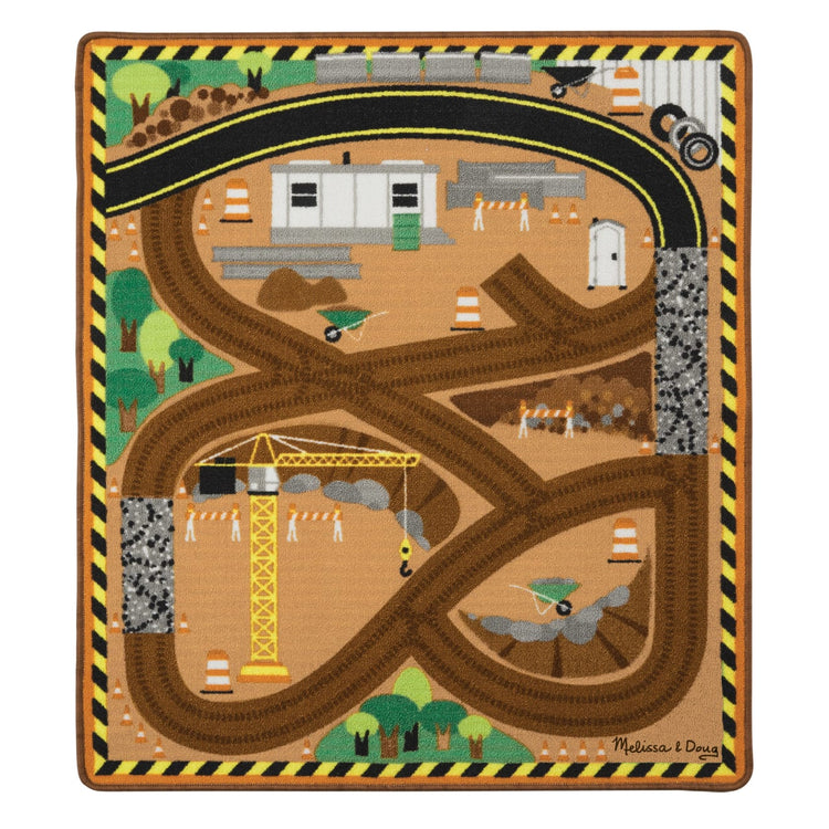 An assembled or decorated the Melissa & Doug Round the Construction Zone Work Site Rug With 3 Wooden Trucks (39 x 36 inches)