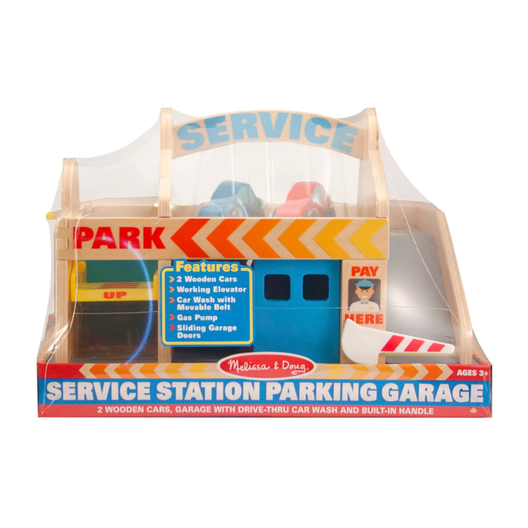 the Melissa & Doug Service Station Parking Garage With 2 Wooden Cars and Drive-Thru Car Wash