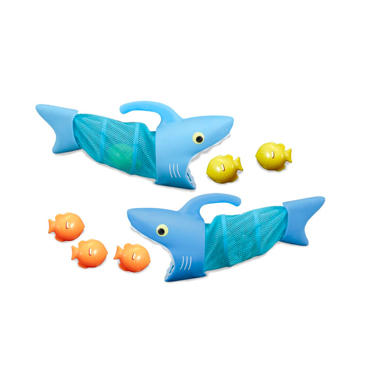 The loose pieces of the Melissa & Doug Sunny Patch Spark Shark Fish Hunt Pool Game With 2 Nets and 6 Fish to Catch