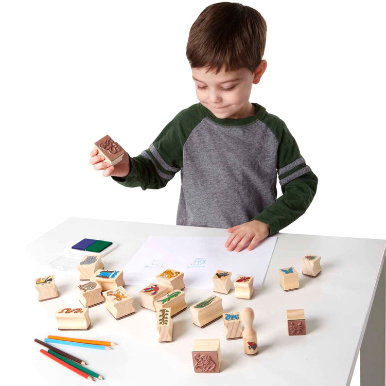 A child on white background with the Melissa & Doug Stamp-a-Scene Stamp Set: Rain Forest - 20 Wooden Stamps, 5 Colored Pencils, and 2-Color Stamp Pad