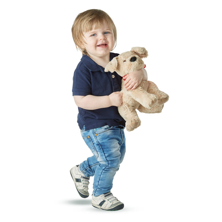 A child on white background with the Melissa & Doug Sunny Yellow Lab - Stuffed Animal Puppy Dog