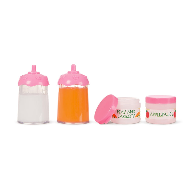The loose pieces of the Melissa & Doug Mine to Love Baby Food & Bottle Play Set