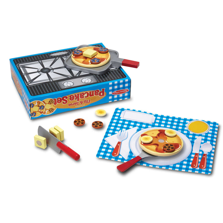 The loose pieces of the Melissa & Doug Flip and Serve Pancake Set (19 pcs) - Wooden Breakfast Play Food
