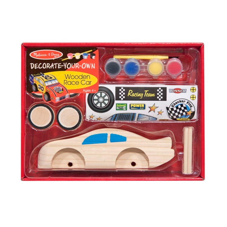 The front of the box for the Melissa & Doug Decorate-Your-Own Wooden Race Car Craft Kit