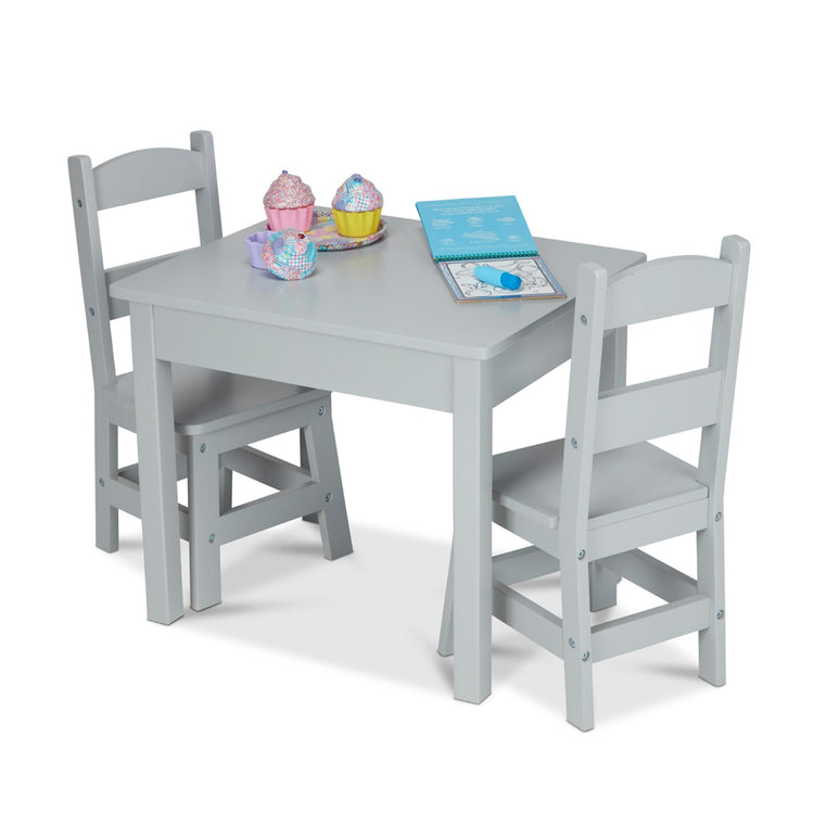The loose pieces of the Melissa & Doug Kids Furniture Wooden Table and 2 Chairs - Gray