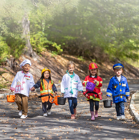 Melissa & Doug Purposeful Play: Dress-Up Fun for Halloween & All Year Long blog post children wearing role play costumes for trick or treating