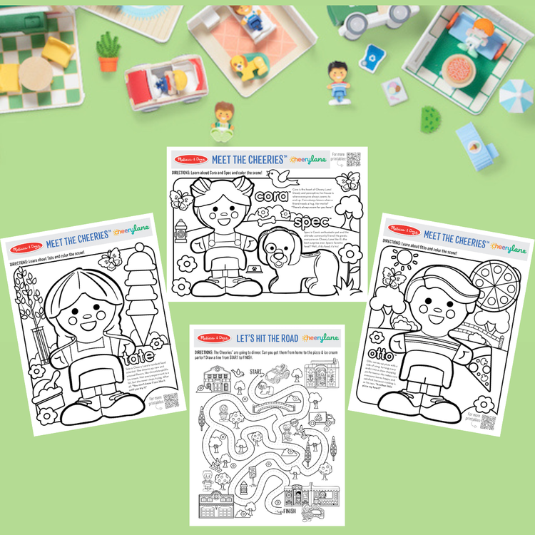 Melissa & Doug Visit Cheery Lane with FREE Printable Activities for Kids blog post printables displayed