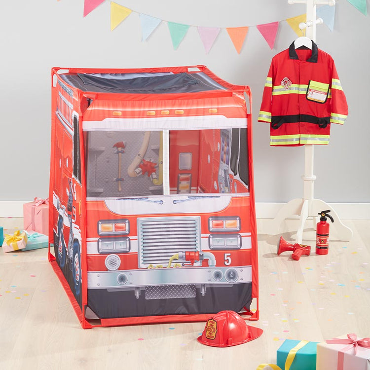 Image of firetruck and firefighter costume