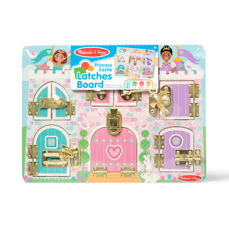 The front of the box for The Melissa & Doug Castle Latches Board with 6 Brass-Plated Doors and Locks - Wooden Sensory Toy for Ages 3+