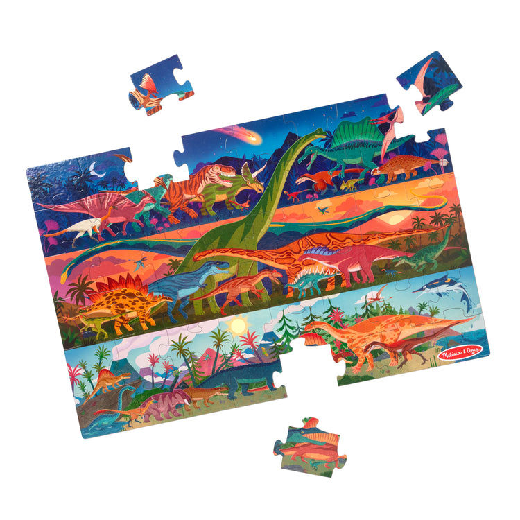 The loose pieces of The Melissa & Doug Dinosaurs Jumbo Floor Puzzle, 48-Piece Prehistoric-Themed Jigsaw Puzzle with Dinosaurs and Illustrated Guide, 3 x 2 Foot Kids Puzzles for Toddlers Ages 3+