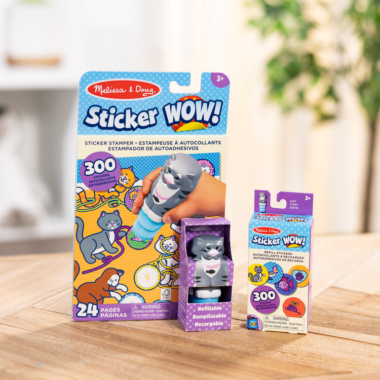 A playroom scene with The Melissa & Doug Sticker WOW!™ Cat Bundle: 24-Page Activity Pad, Sticker Stamper, 600 Stickers, Arts and Crafts Fidget Toy Collectible Character