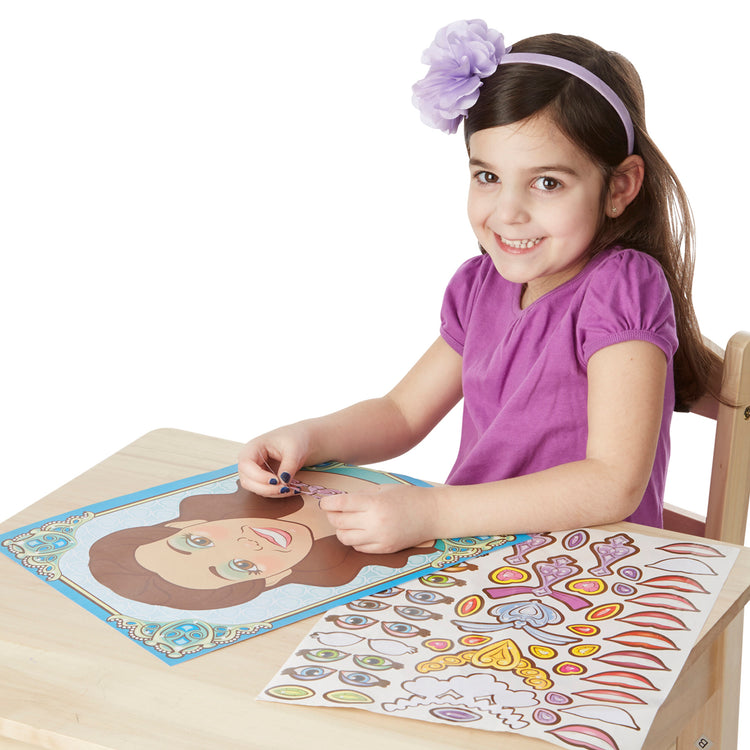 A child on white background with The Melissa & Doug Make-a-Face Sticker Pad: Sparkling Princesses - 15 Faces, 4 Sticker Sheets