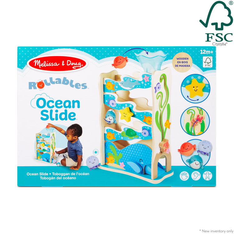 The front of the box for The Melissa & Doug Rollables Wooden Ocean Slide Infant and Toddler Toy (5 Pieces)