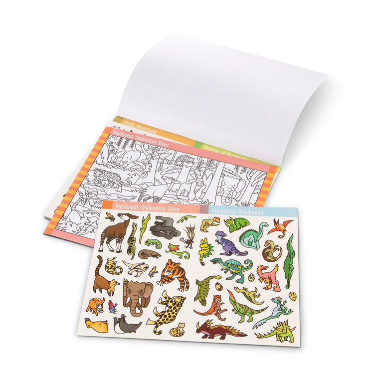 The loose pieces of The Melissa & Doug Seek and Find Sticker Pad, Animals (400+ Stickers, 14 Scenes to Color)