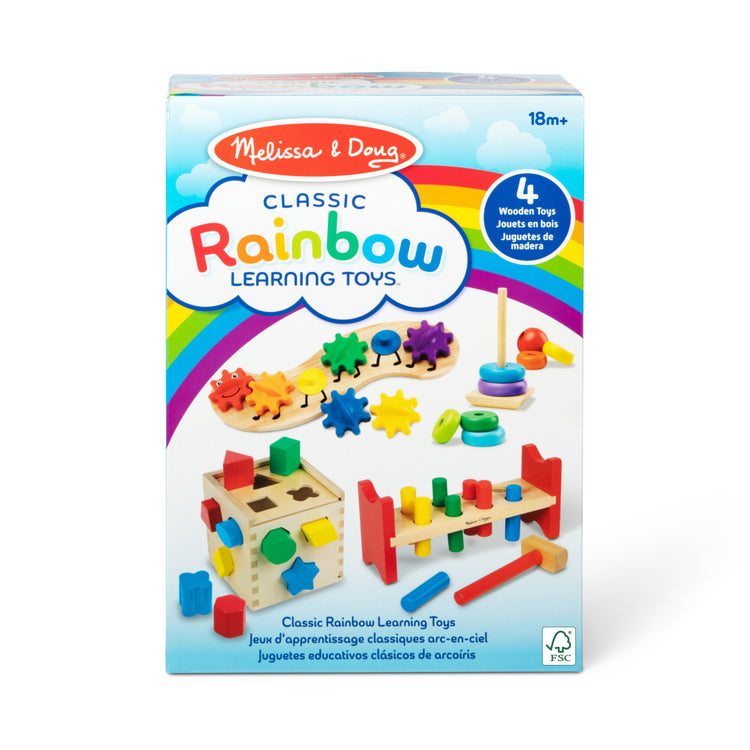 The front of the box for The Melissa & Doug 4 Wooden Classic Rainbow Learning Toys
