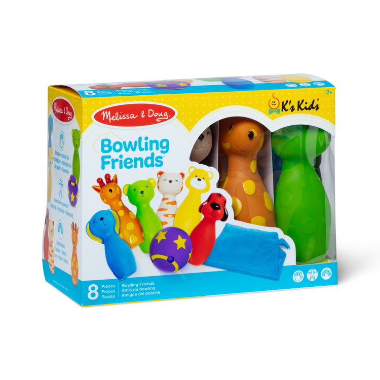 The front of the box for The Melissa & Doug K's Kids Bowling Friends Play Set and Game With 6 Pins and Convenient Carrying Case