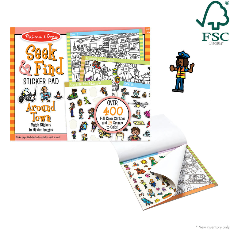 The loose pieces of The Melissa & Doug Seek and Find Sticker Pad – Around Town (400+ Stickers, 14 Scenes to Color)