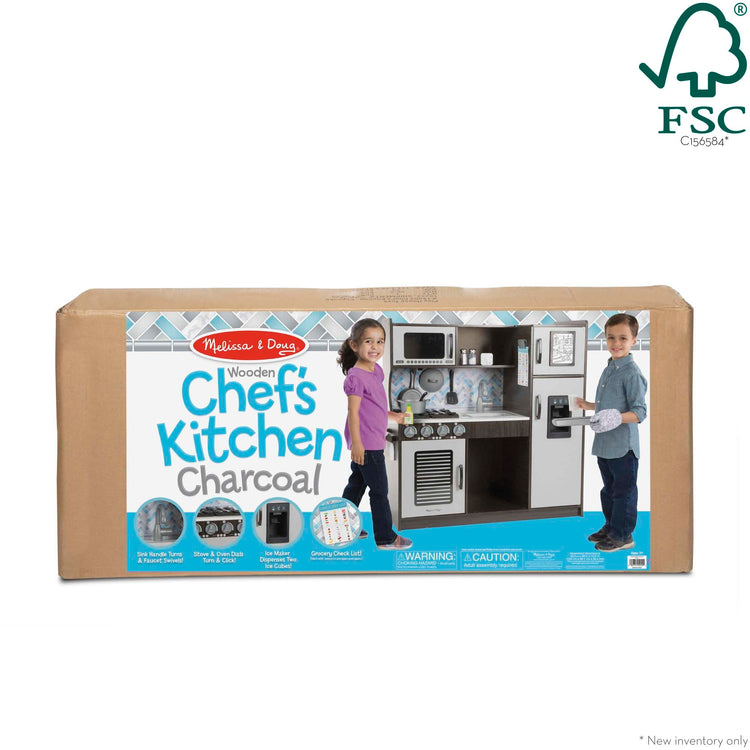 The front of the box for The Melissa & Doug Chef's Wooden Pretend Play Kitchen for Kids With “Ice” Cube Dispenser – Charcoal Gray