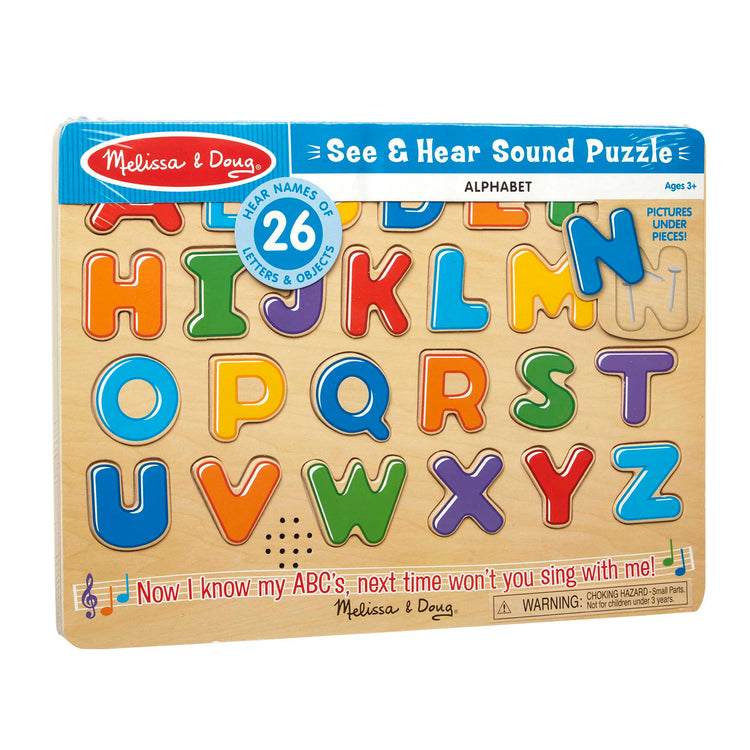 The front of the box for The Melissa & Doug Wooden Alphabet Sound Puzzle - Wooden Puzzle With Sound Effects (26 pcs)