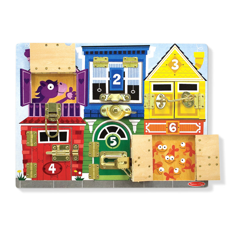 The loose pieces of The Melissa & Doug Latches Wooden Activity Board