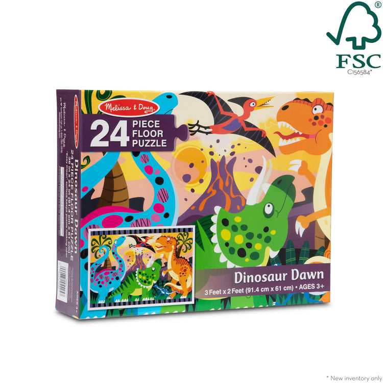 The front of the box for The Melissa & Doug Dinosaur Dawn Jumbo Jigsaw Floor Puzzle (24 pcs, 2 x 3 feet)