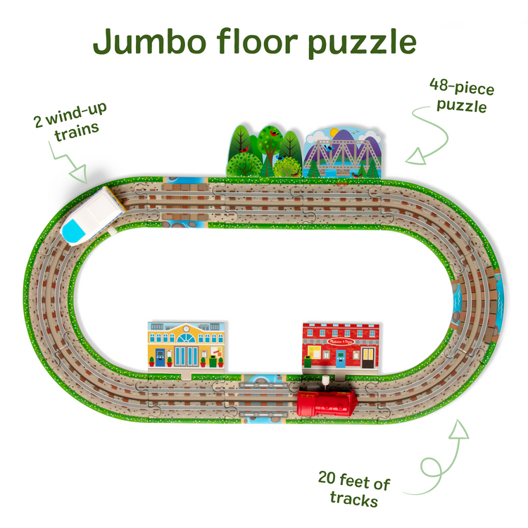 The front of the box for The Melissa & Doug Design Your Own Railroad 48-Piece Floor Puzzle with 2 Wind-up Toy Trains and Interchangeable Scenery, Kids Puzzles with Preschool Toys for Girls & Boys Ages 4 and Up