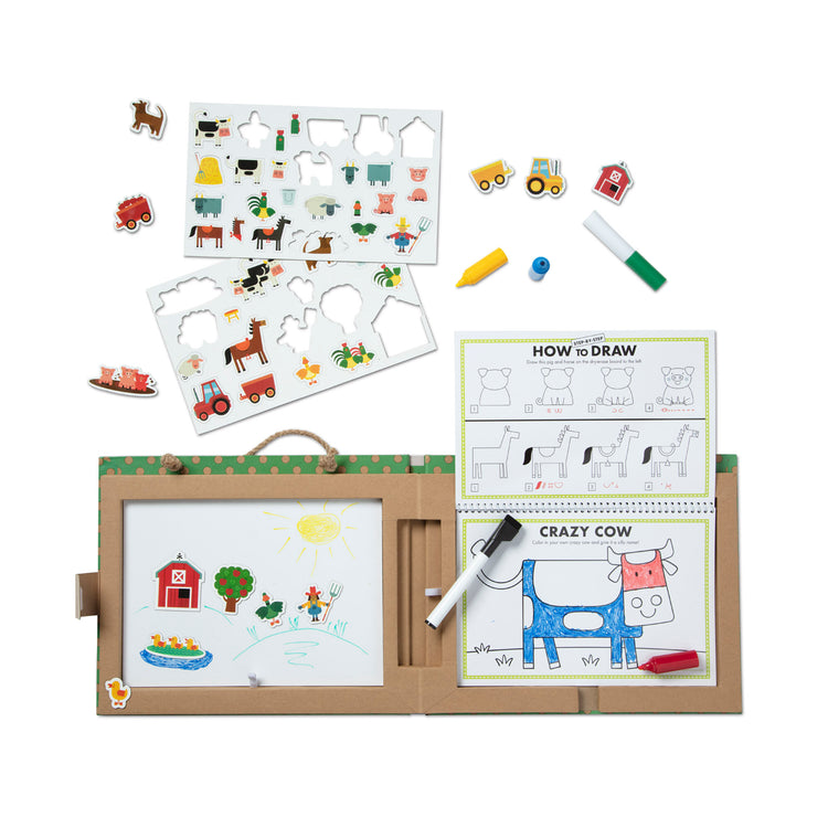 The loose pieces of The Melissa & Doug Natural Play: Play, Draw, Create Reusable Drawing & Magnet Kit – Farm (38 Magnets, 5 Dry-Erase Markers)