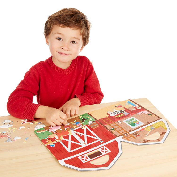 A child on white background with The Melissa & Doug Puffy Sticker Play Set - On the Farm - 52 Reusable Stickers, 2 Fold-Out Scenes