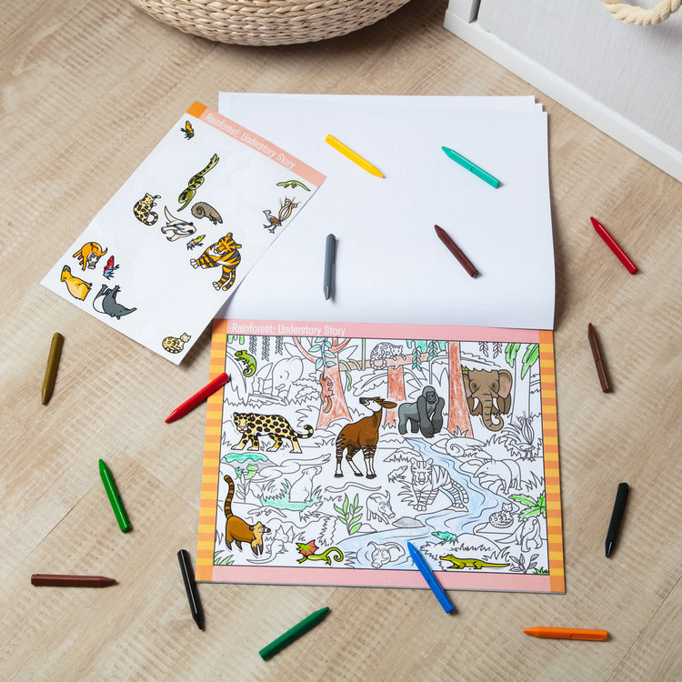 A playroom scene with The Melissa & Doug Seek and Find Sticker Pad, Animals (400+ Stickers, 14 Scenes to Color)