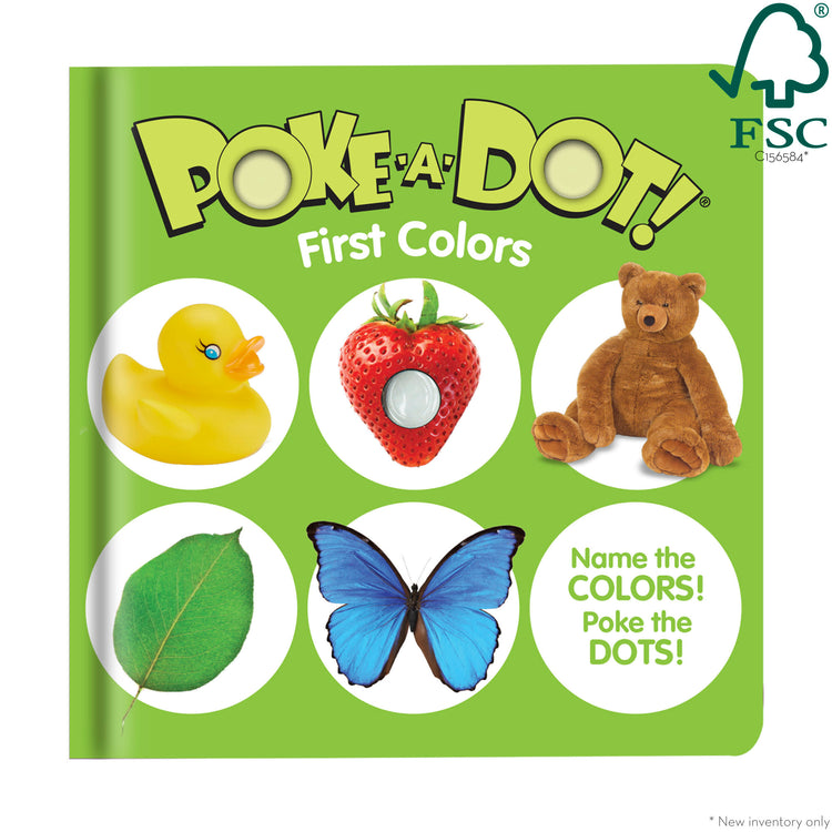 The front of the box for The Melissa & Doug Children’s Book – Poke-a-Dot: First Colors (Board Book with Buttons to Pop)